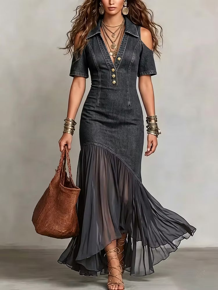 VESTIDO DENIM ASIMÉTRICO CON FALDA VAPOROSA