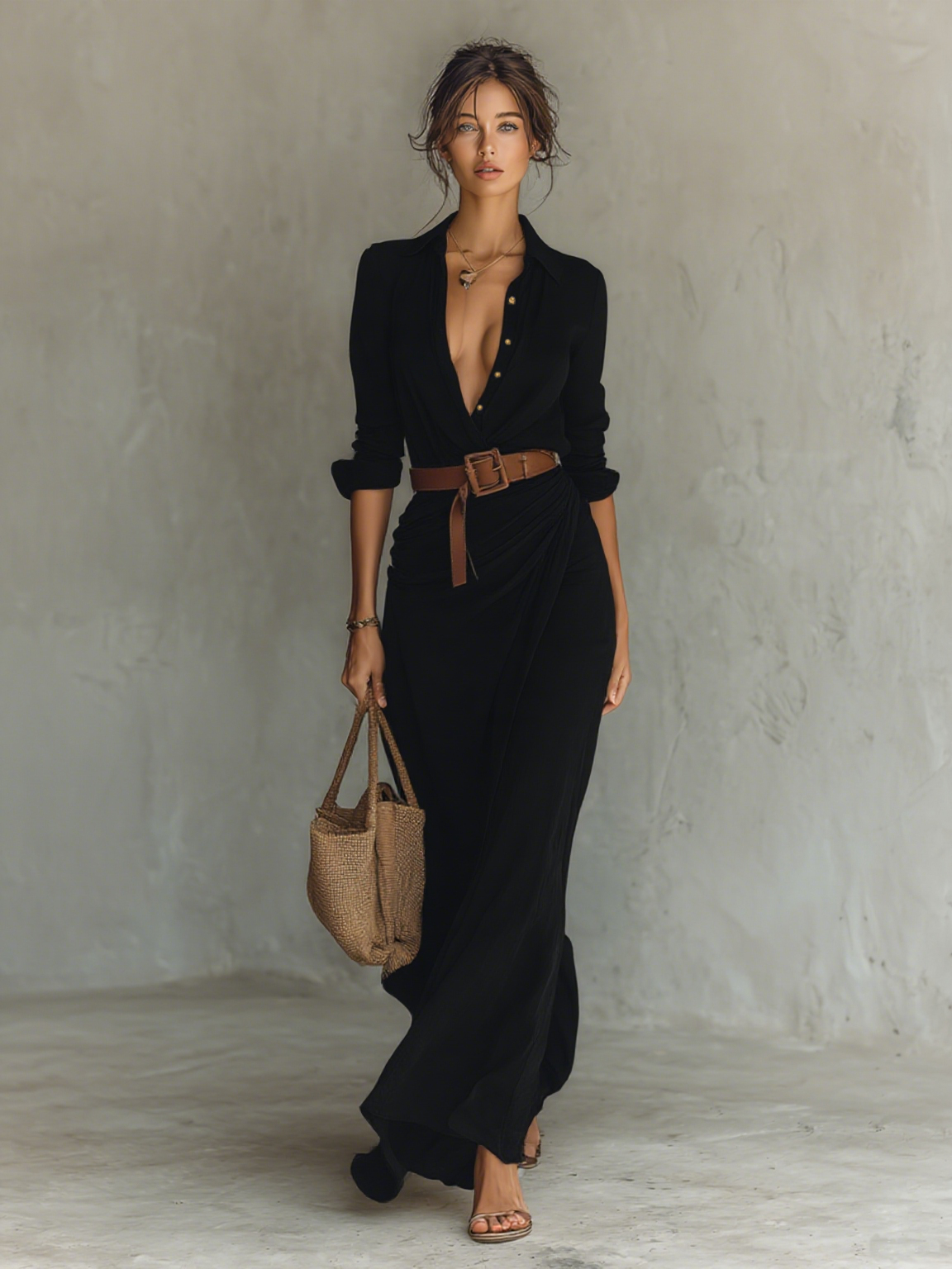 VESTIDO LARGO CUELLO CON SOLAPAS Y MANGAS LARGAS