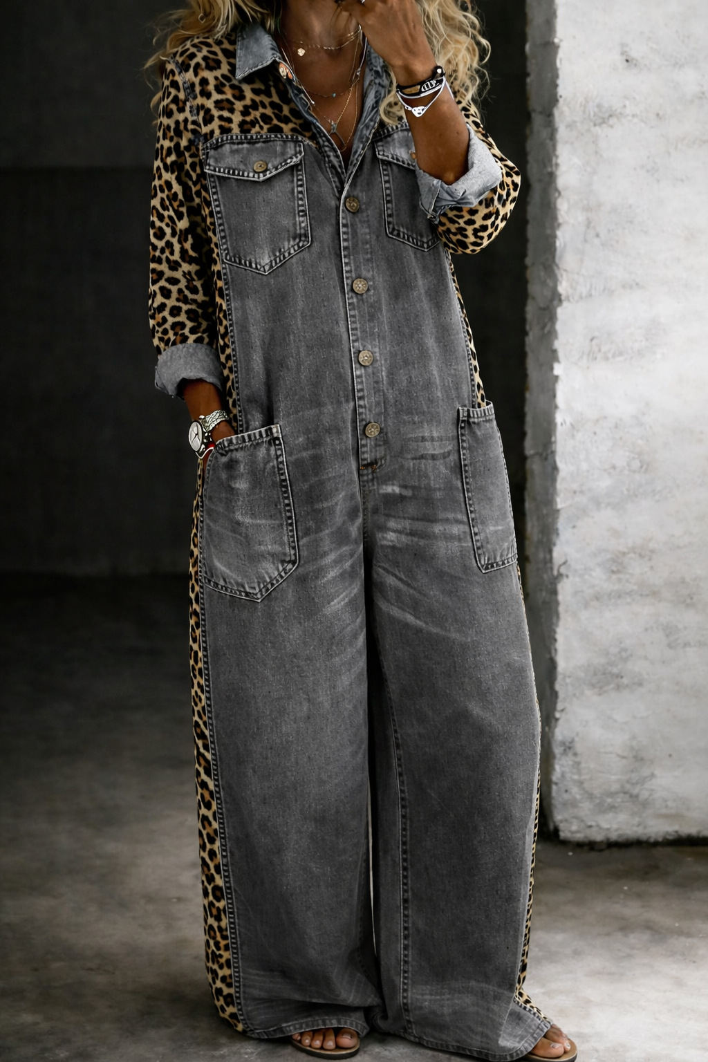 Vestido Camisero Vaquero con Estampado Leopardo