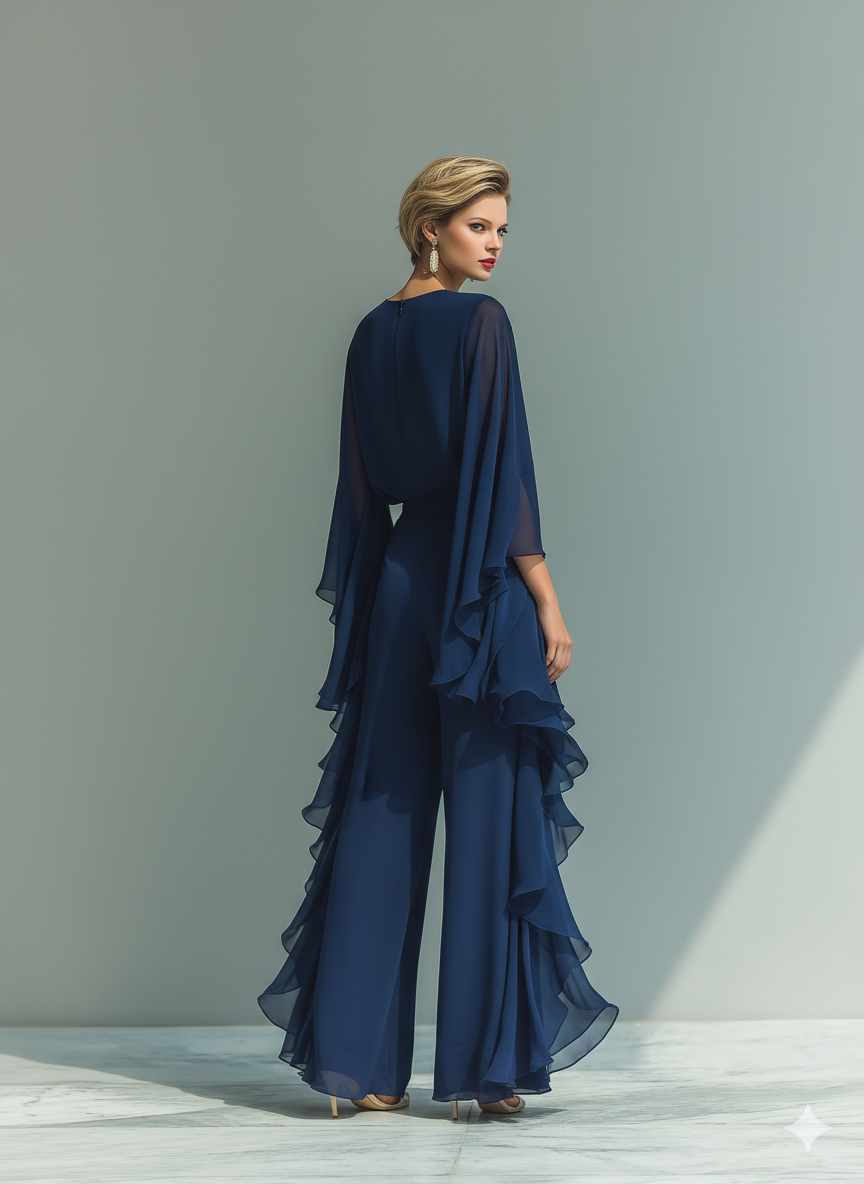 CONJUNTO DE GASA AZUL MARINO CON PANTALÓN CON VOLANTES