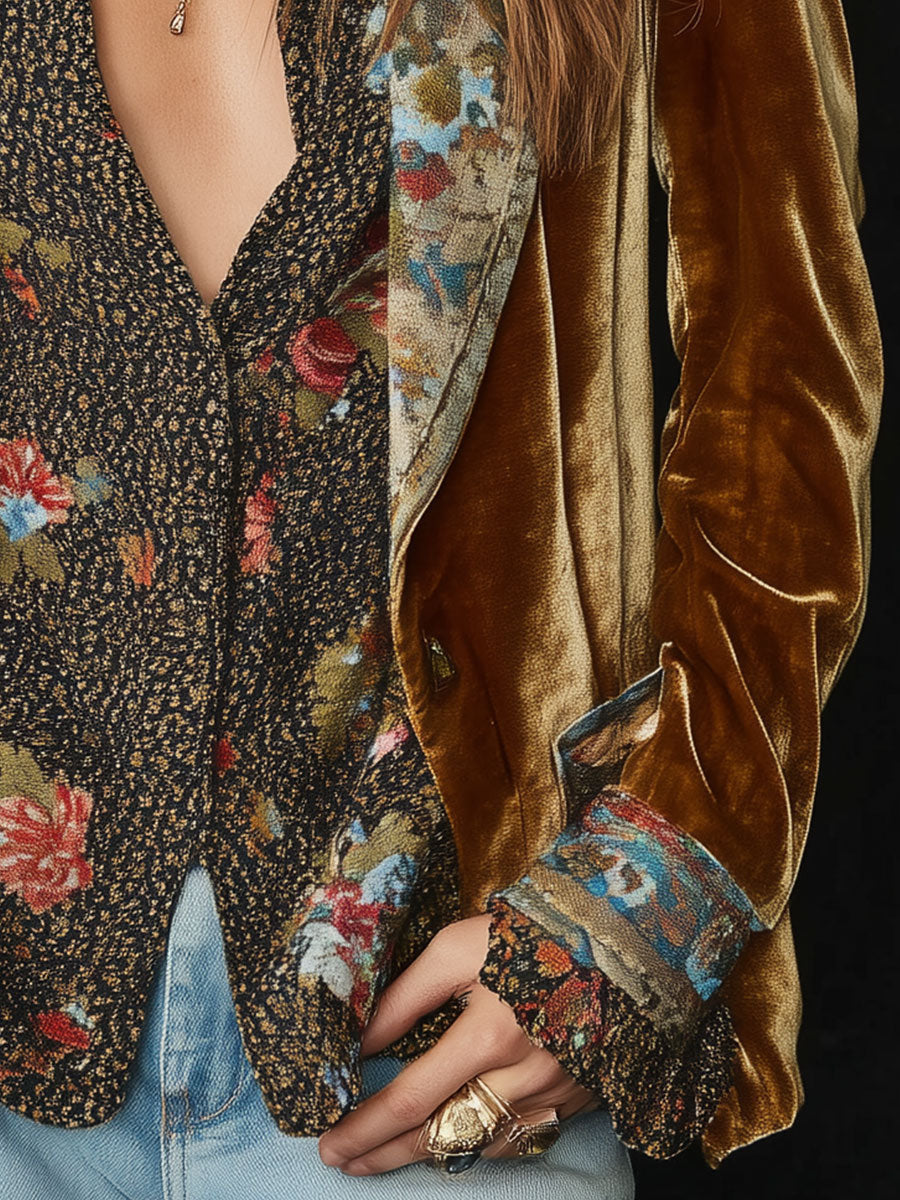 Blazer Miranda de Terciopelo Mostaza con Detalles Florales