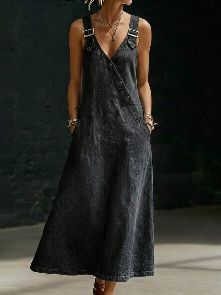 Vestido Vaquero Largo Cruzado con Tirantes Ajustables