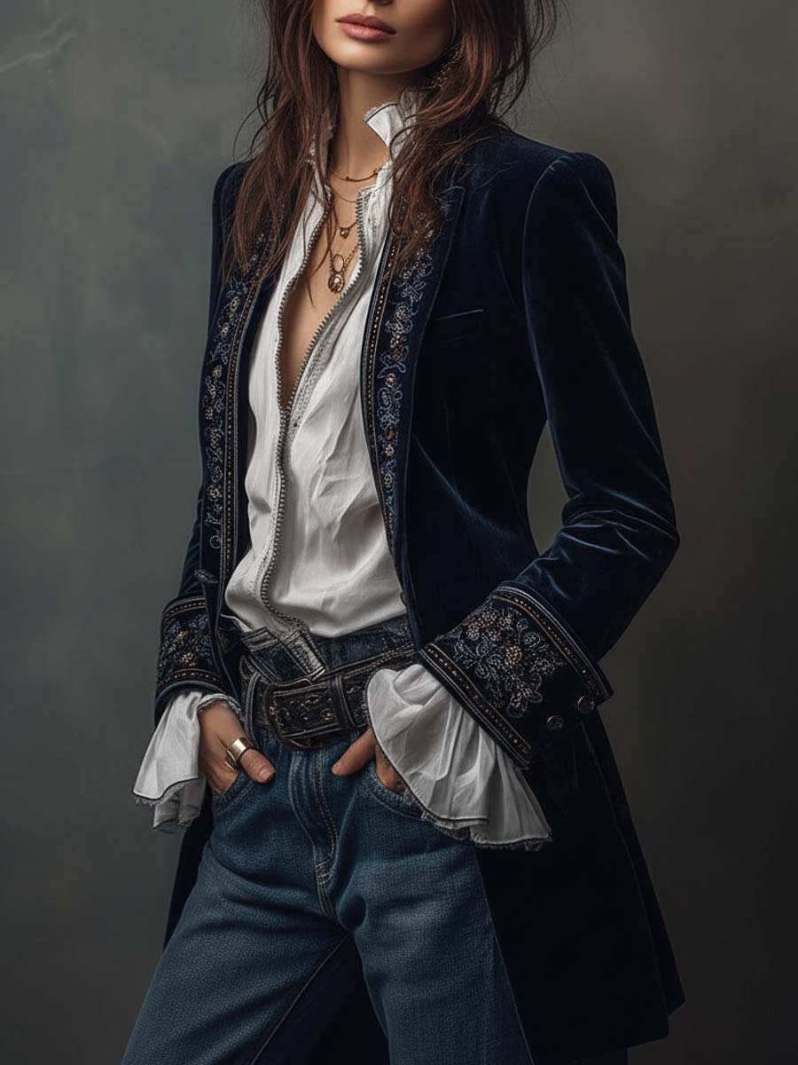 Abrigo Blazer Celeste de Terciopelo Azul con Bordados
