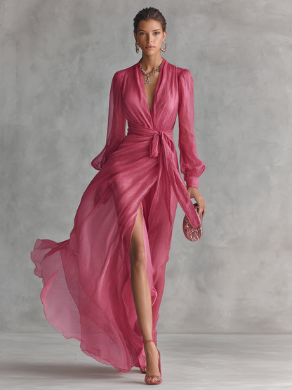 VESTIDO LARGO DE GASA ROSA