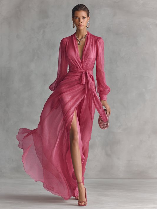VESTIDO LARGO DE GASA ROSA