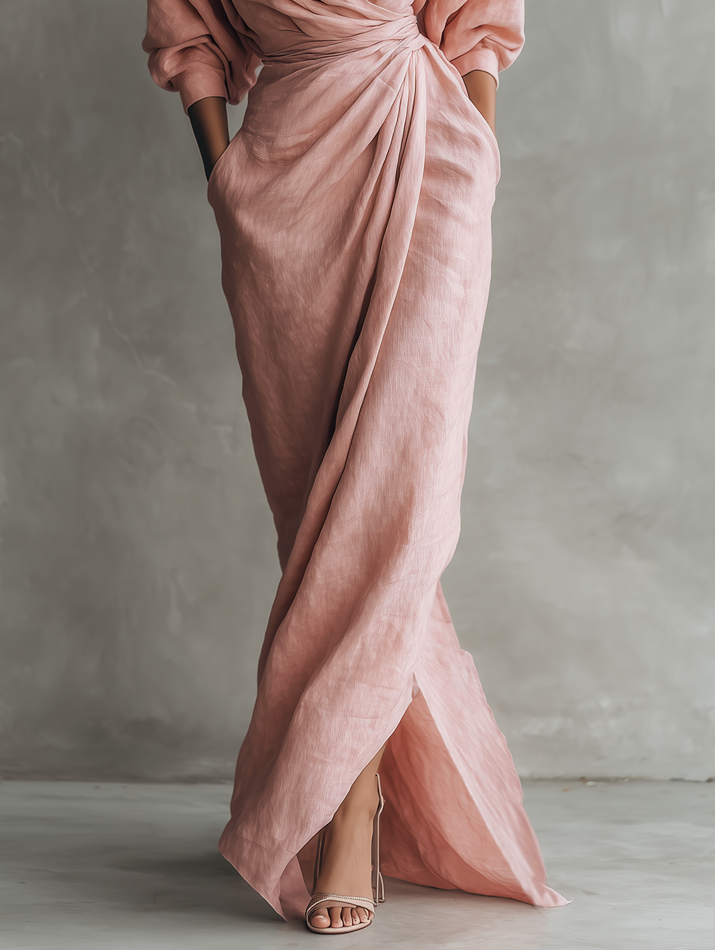 VESTIDO LARGO MINIMALISTA ROSA DE LINO