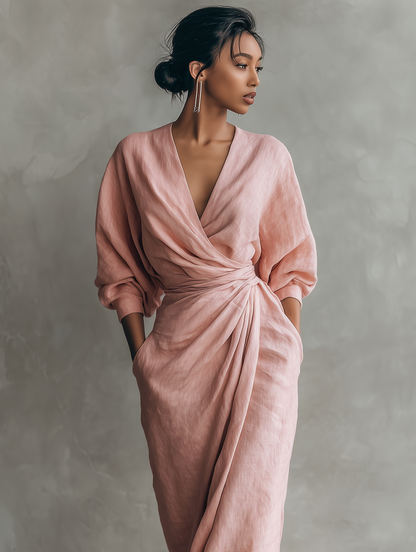 VESTIDO LARGO MINIMALISTA ROSA DE LINO