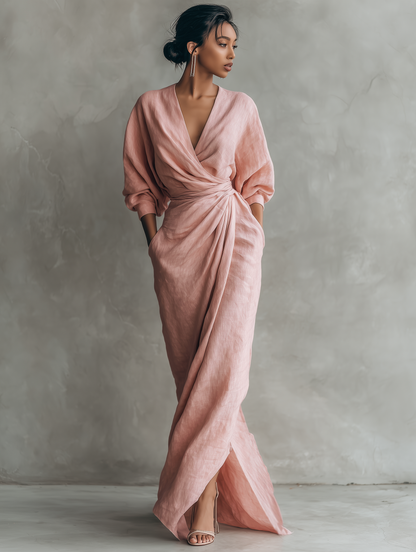 VESTIDO LARGO MINIMALISTA ROSA DE LINO