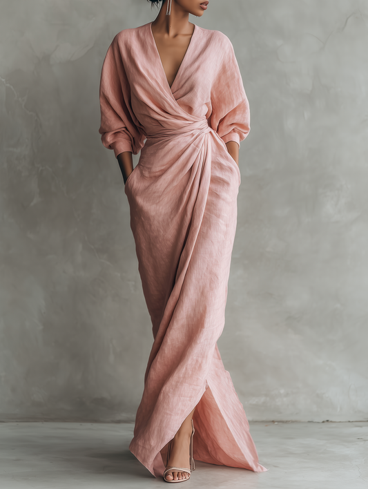 VESTIDO LARGO MINIMALISTA ROSA DE LINO