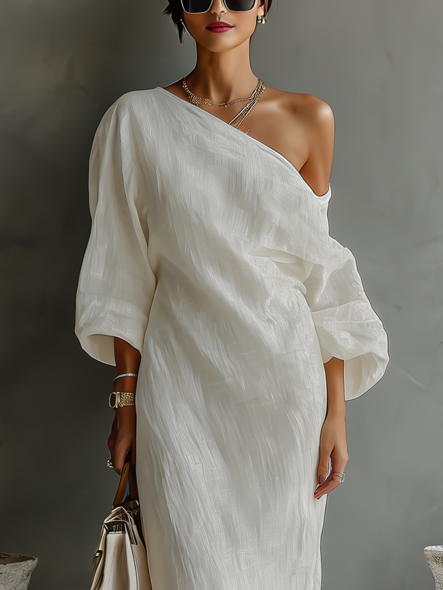 VESTIDO FLUIDO DE LINO CON LOS HOMBROS DESCUBIERTOS