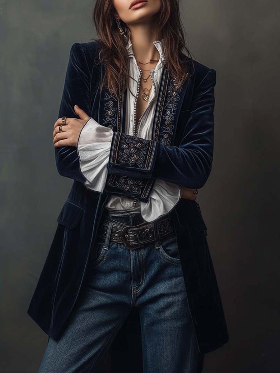Abrigo Blazer Celeste de Terciopelo Azul con Bordados