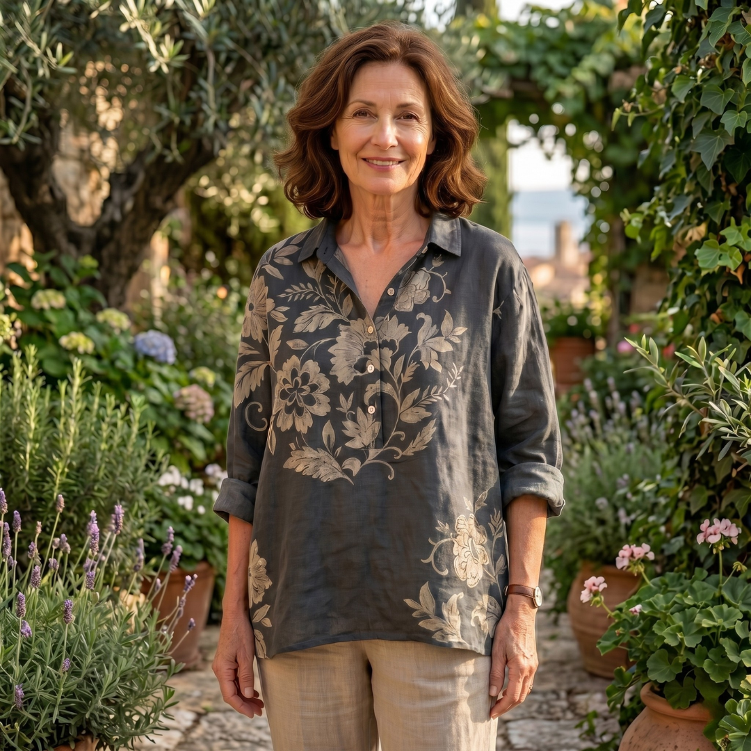 BLUSA ELEGANTE DE LINO CON ESTAMPADO FLORAL