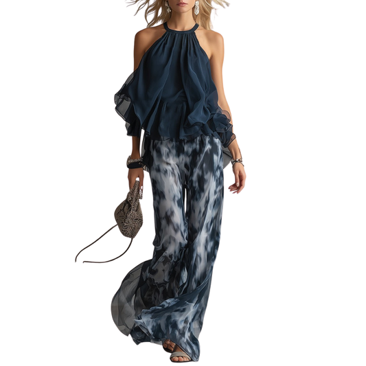 ELEGANTE VESTIDO DE GASA CON TOP ALTO Y PANTALONES ANCHOS ESTAMPADOS