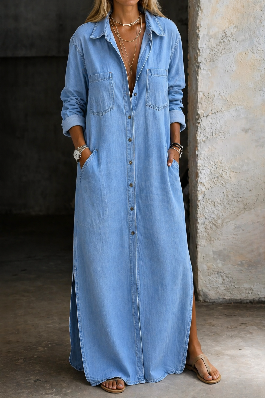 Vestido Camisero Vaquero Largo con Botones