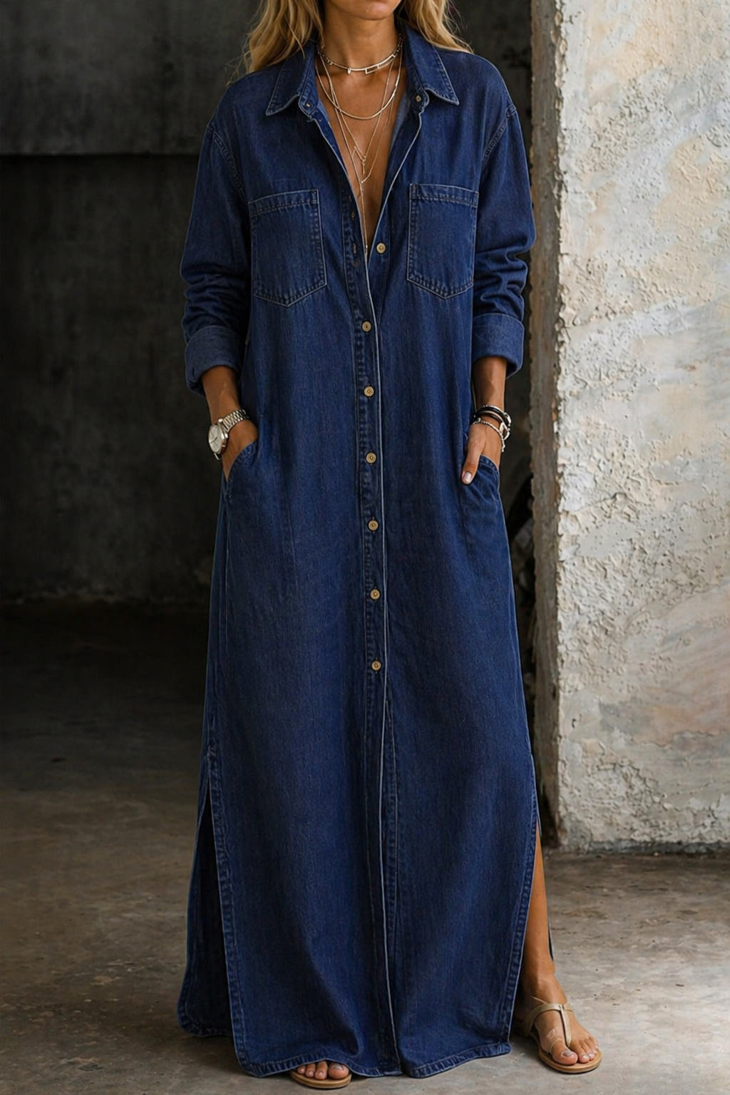 Vestido Camisero Vaquero Largo con Botones