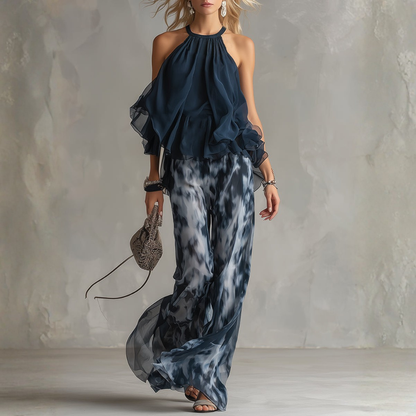 ELEGANTE VESTIDO DE GASA CON TOP ALTO Y PANTALONES ANCHOS ESTAMPADOS