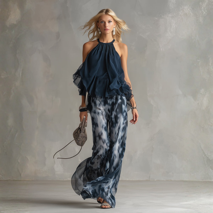 ELEGANTE VESTIDO DE GASA CON TOP ALTO Y PANTALONES ANCHOS ESTAMPADOS