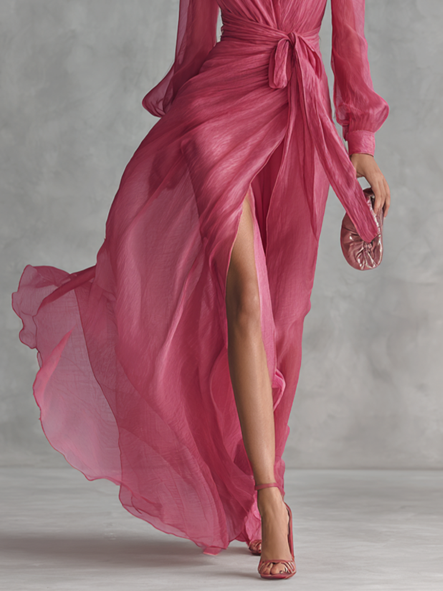 VESTIDO LARGO DE GASA ROSA