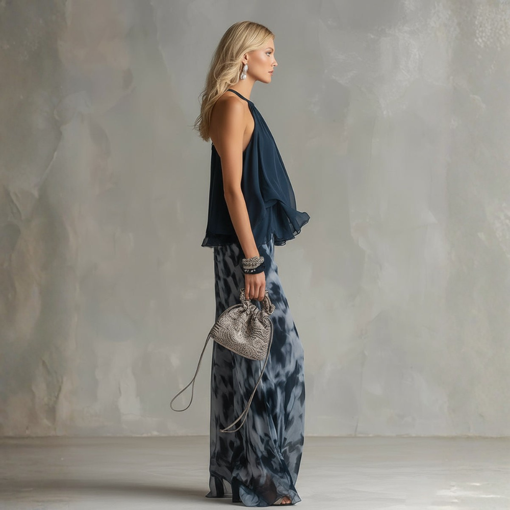 ELEGANTE VESTIDO DE GASA CON TOP ALTO Y PANTALONES ANCHOS ESTAMPADOS