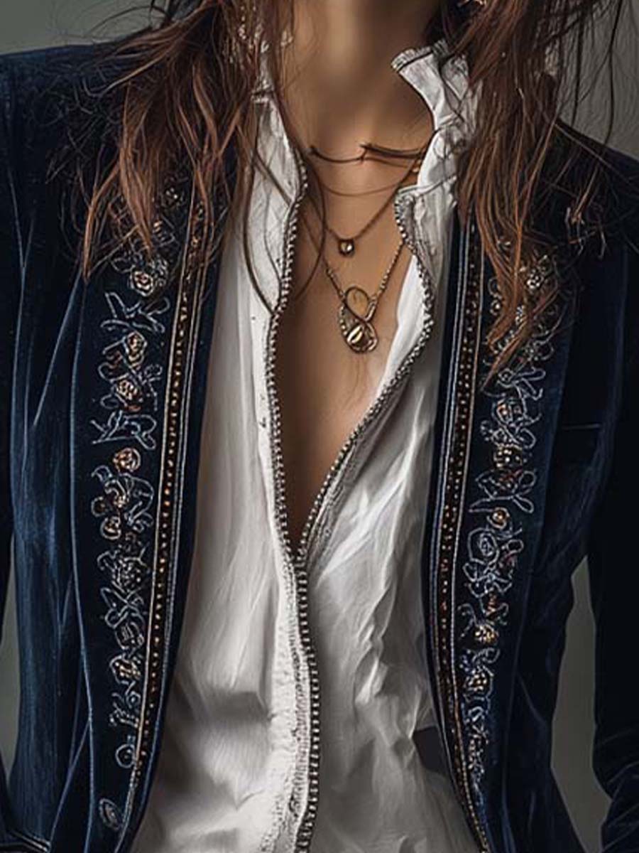Abrigo Blazer Celeste de Terciopelo Azul con Bordados