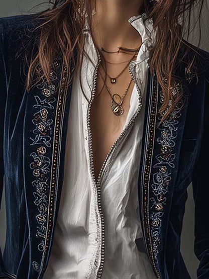 Abrigo Blazer Celeste de Terciopelo Azul con Bordados