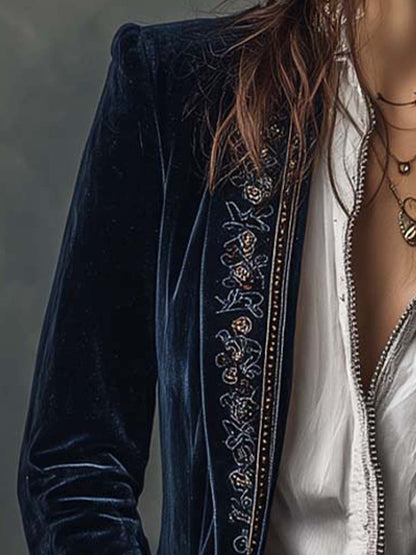 Abrigo Blazer Celeste de Terciopelo Azul con Bordados