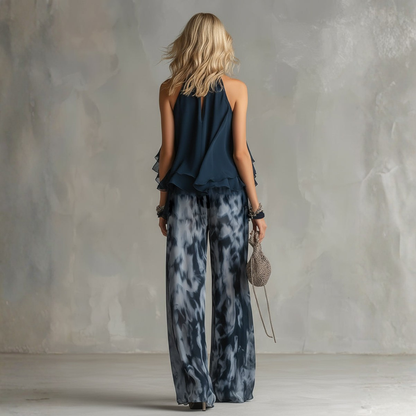 ELEGANTE VESTIDO DE GASA CON TOP ALTO Y PANTALONES ANCHOS ESTAMPADOS