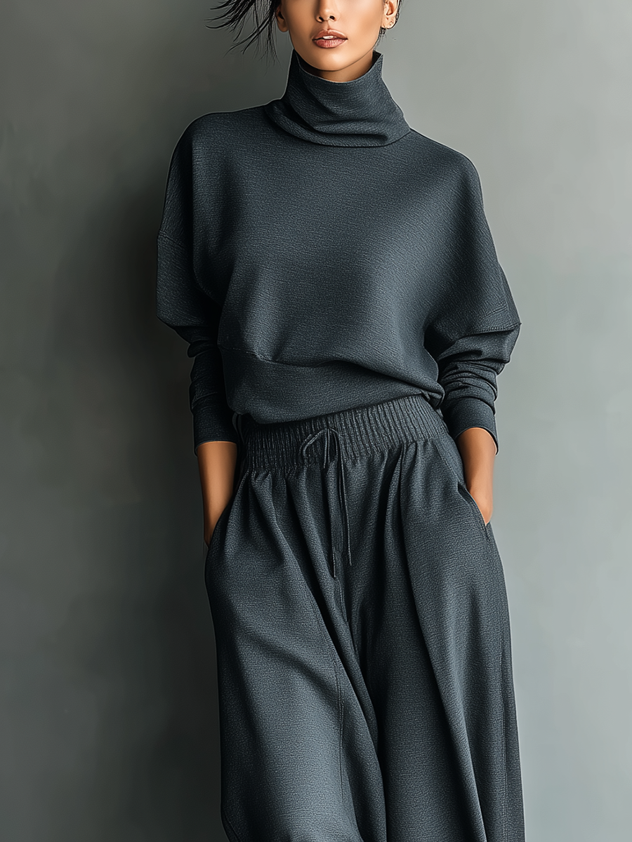 CONJUNTO DE PUNTO CON CUELLO ALTO Y PANTALÓN DE PIERNA ANCHA