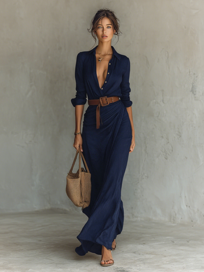 VESTIDO LARGO CUELLO CON SOLAPAS Y MANGAS LARGAS