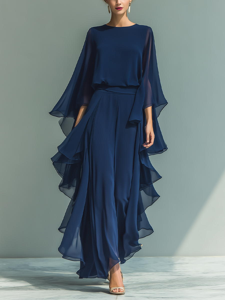 CONJUNTO DE GASA AZUL MARINO CON PANTALÓN CON VOLANTES