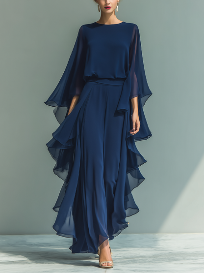 CONJUNTO DE GASA AZUL MARINO CON PANTALÓN CON VOLANTES