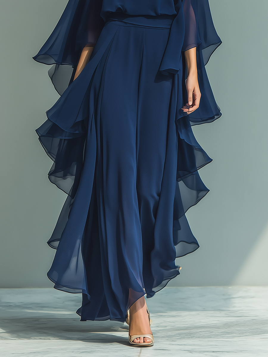 CONJUNTO DE GASA AZUL MARINO CON PANTALÓN CON VOLANTES