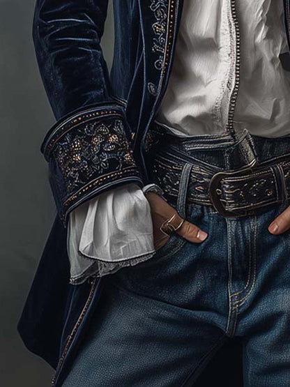 Abrigo Blazer Celeste de Terciopelo Azul con Bordados