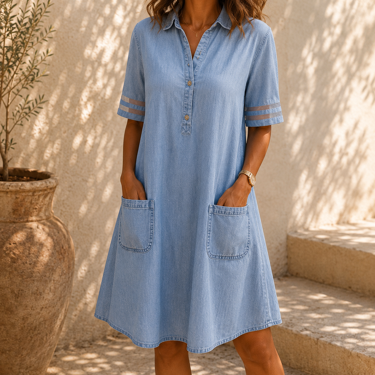 Vestido Vaquero Camisero Corto con Bolsillos