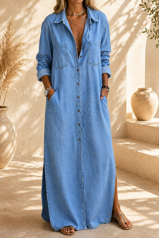 Vestido Camisero Vaquero Largo con Botones