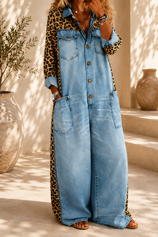 Vestido Camisero Vaquero con Estampado Leopardo