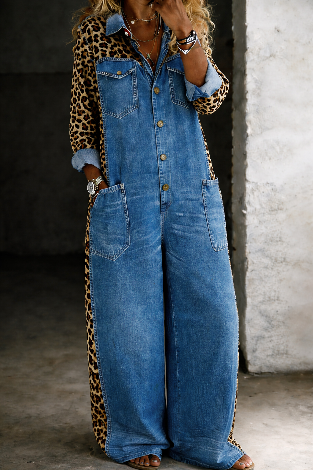 Vestido Camisero Vaquero con Estampado Leopardo