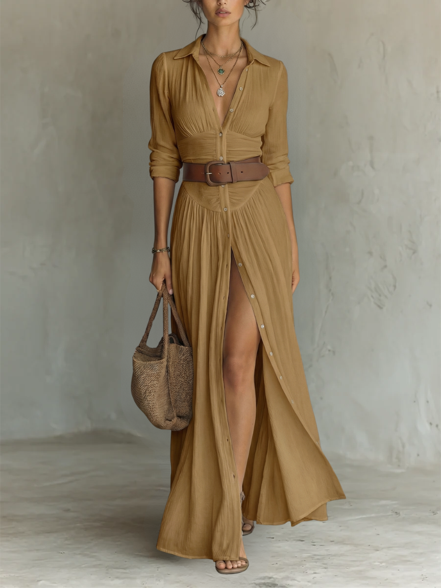 VESTIDO LARGO DE LINO, CUELLO CON SOLAPAS Y MANGAS LARGAS