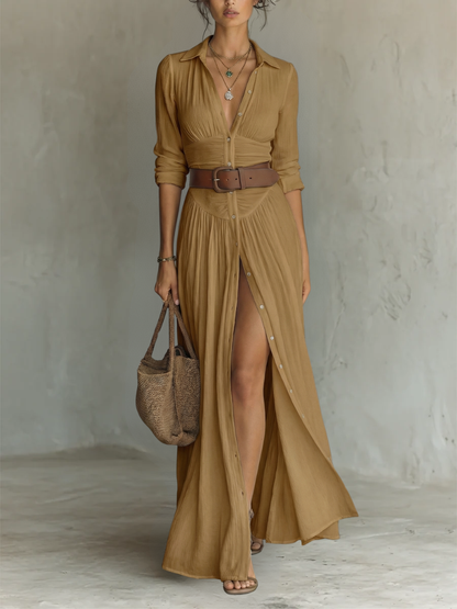 VESTIDO LARGO DE LINO, CUELLO CON SOLAPAS Y MANGAS LARGAS