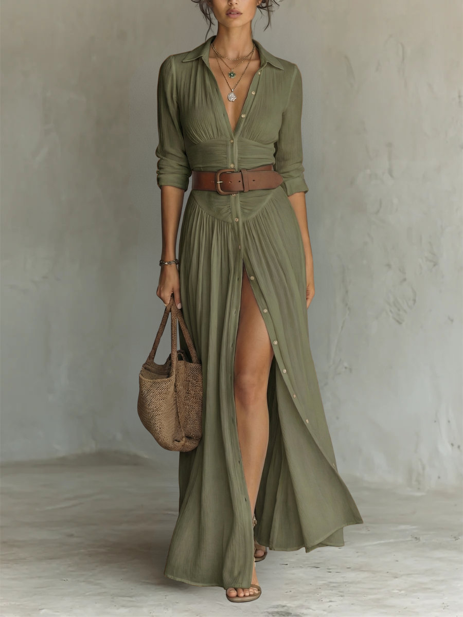 VESTIDO LARGO DE LINO, CUELLO CON SOLAPAS Y MANGAS LARGAS
