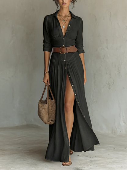 VESTIDO LARGO DE LINO, CUELLO CON SOLAPAS Y MANGAS LARGAS