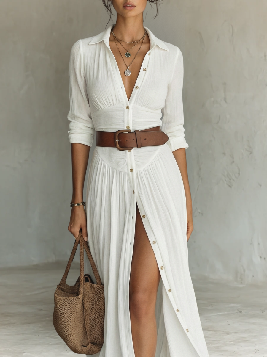 VESTIDO LARGO PLISADO DE LINO BLANCO