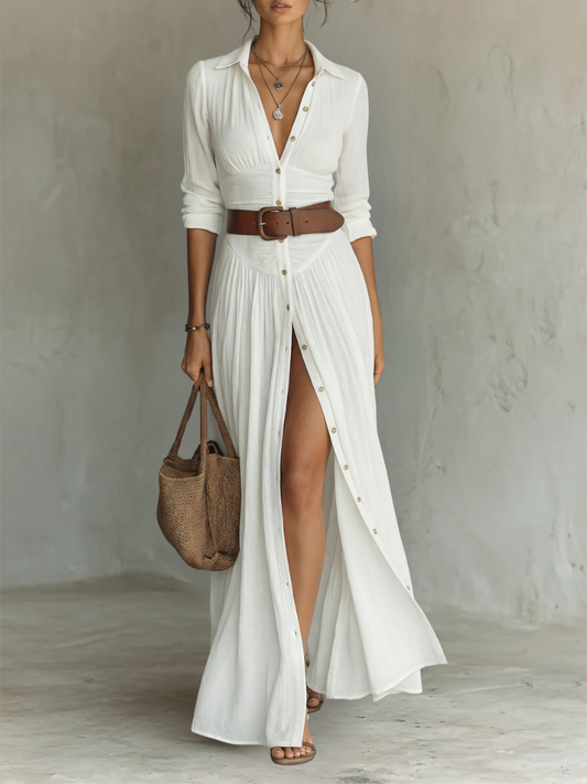 VESTIDO LARGO PLISADO DE LINO BLANCO