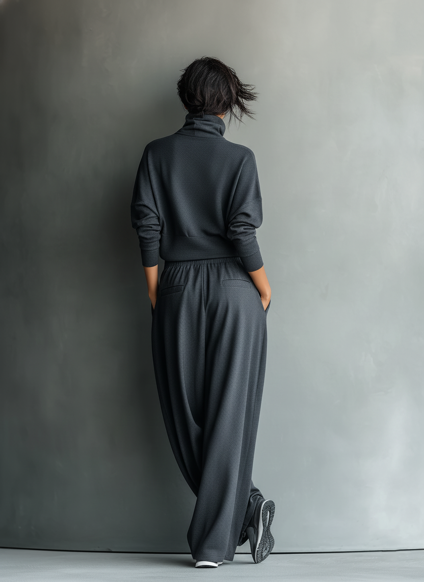 CONJUNTO DE PUNTO CON CUELLO ALTO Y PANTALÓN DE PIERNA ANCHA