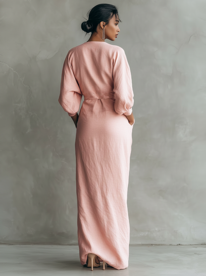 VESTIDO LARGO MINIMALISTA ROSA DE LINO
