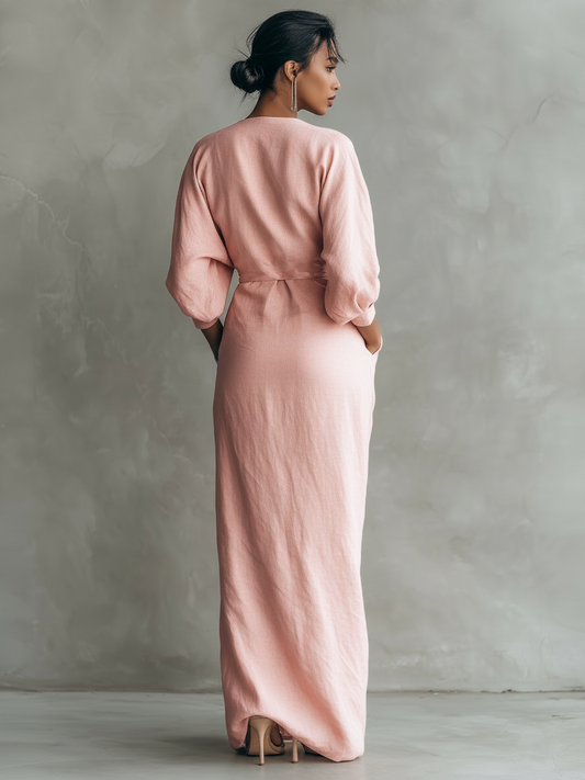 VESTIDO LARGO MINIMALISTA ROSA DE LINO