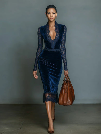 VESTIDO DE TERCIOPELO AZUL OSCURO CON ENCAJE Y ESCOTE EN V