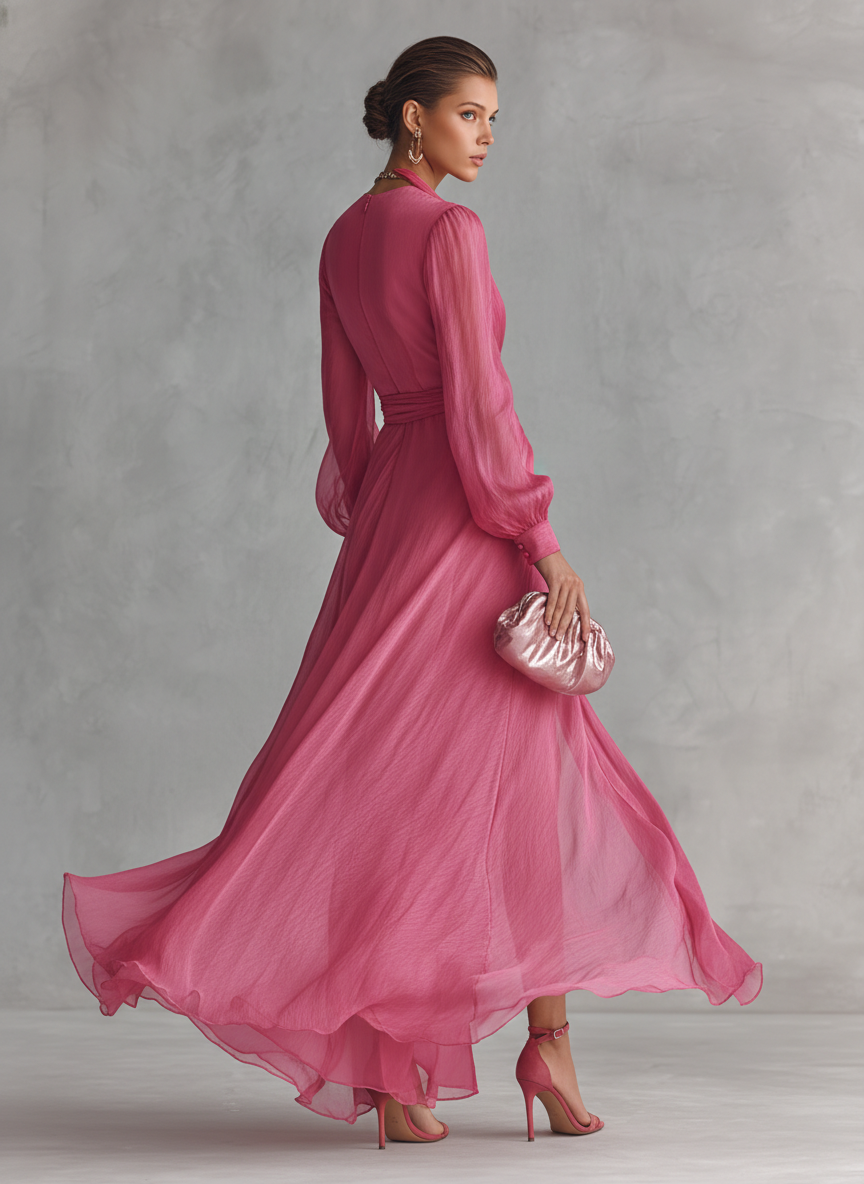 VESTIDO LARGO DE GASA ROSA