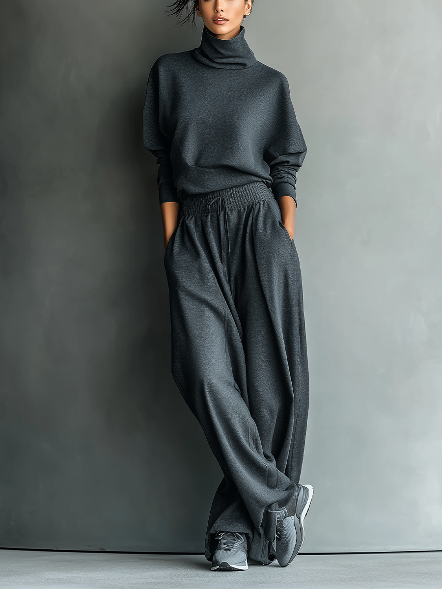 CONJUNTO DE PUNTO CON CUELLO ALTO Y PANTALÓN DE PIERNA ANCHA