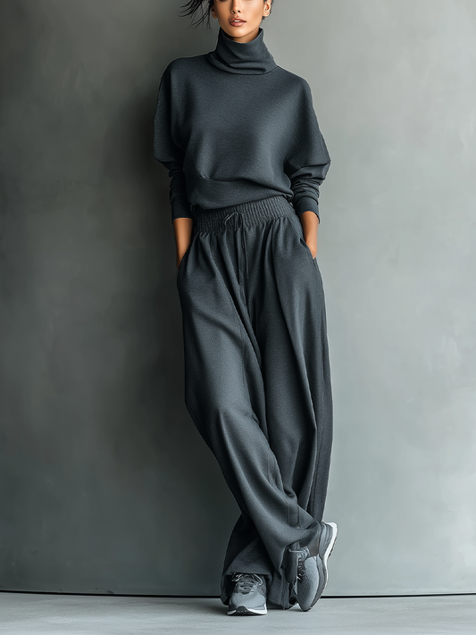CONJUNTO DE PUNTO CON CUELLO ALTO Y PANTALÓN DE PIERNA ANCHA